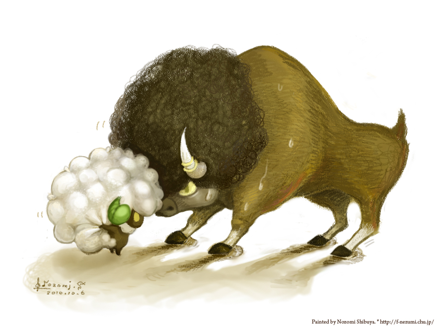 10s afro battle bouffalant buffalo bull fluffy gen_5_pokemon horns nintendo no_humans pokemon pokemon_(creature) pokemon_bw shibuzoh sweat whimsicott