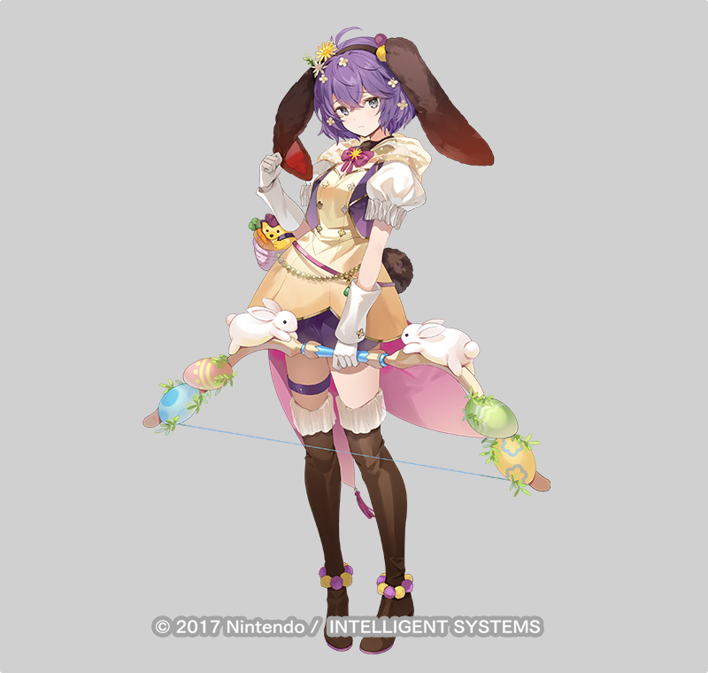 1girl animal_ears bernadetta_von_varley bernadetta_von_varley_(spring) boots bow_(weapon) closed_mouth cute_weapon dress fake_animal_ears fake_tail fire_emblem fire_emblem:_three_houses fire_emblem_heroes flower frills full_body gloves green_eyes grey_background hair_ornament hand_up high_heels hood hood_down kanda_done looking_at_viewer nintendo official_art polka_dot pom_pom_(clothes) puffy_short_sleeves puffy_sleeves purple_eyes rabbit_ears rabbit_tail ribbon see-through_clothes short_dress short_hair short_sleeves shorts solo standing stuffed_animal stuffed_toy tachi-e tail thigh_boots thigh_strap weapon