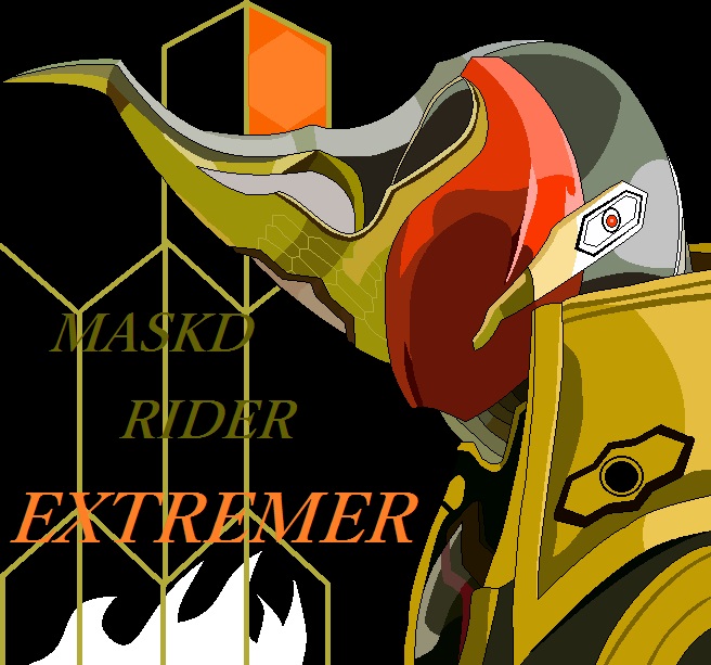 1boy armor artist_request black_background black_bodysuit bodysuit cape commentary compound_eyes english_text gold_armor gold_horns horns kamen_rider kamen_rider_extremer kamen_rider_ghost:_the_100_eyecons_and_ghost&#039;s_fateful_moment kamen_rider_ghost_(series) profile red_eyes standing upper_body