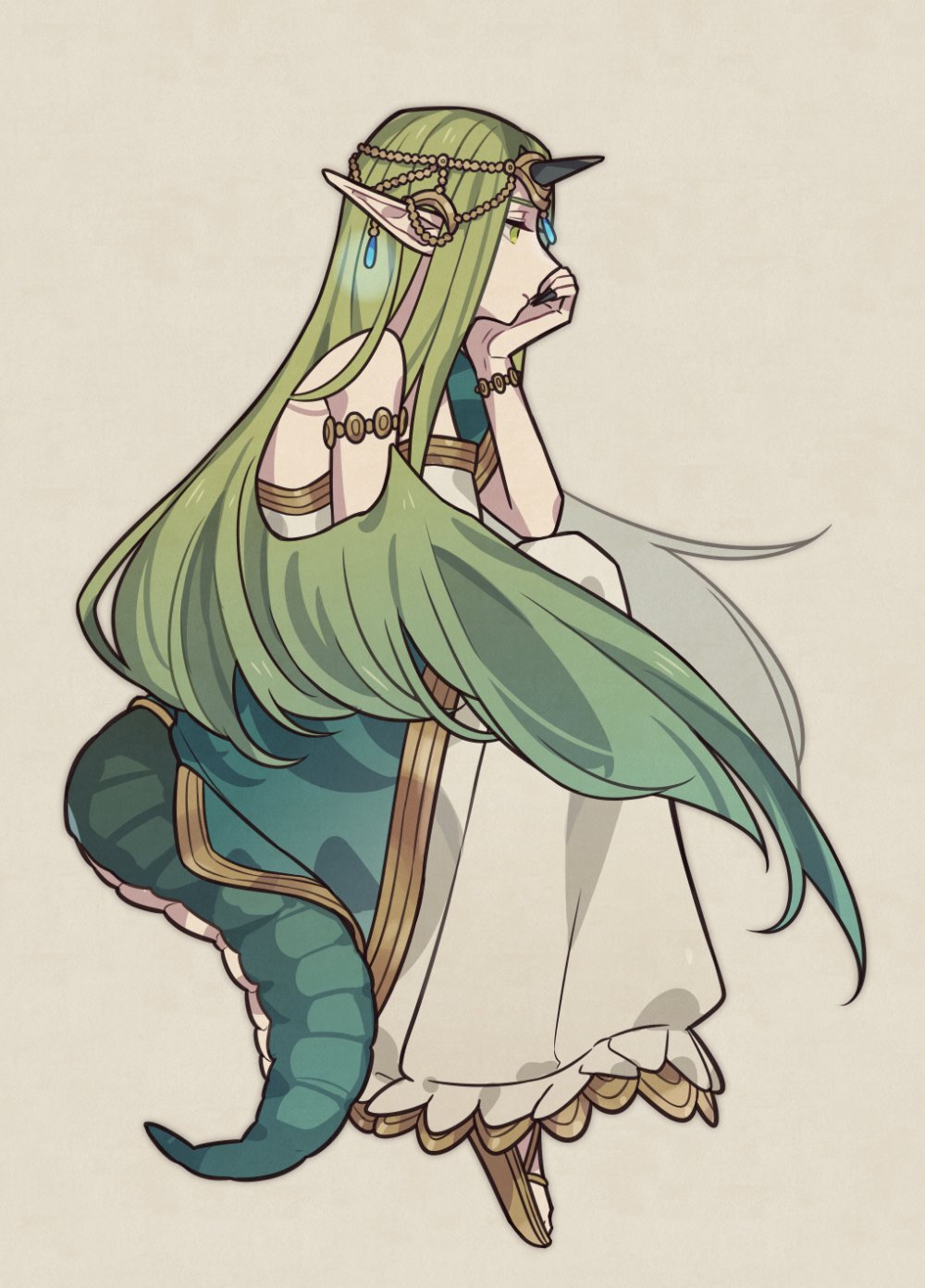 1girl arm_support bracelet dragon_girl dragon_tail dress earrings expressionless fire_emblem fire_emblem_echoes:_shadows_of_valentia from_side full_body green_eyes green_hair haconeri highres invisible_chair jewelry knee_up long_hair looking_to_the_side mila_(fire_emblem) nintendo pointy_ears profile sandals simple_background sitting solo tail white_dress