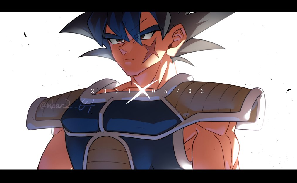 1boy 2021 bardock black_border black_hair border brown_eyes closed_mouth cross_scar dated dragon_ball dragon_ball_minus dragon_ball_super dragon_ball_super_broly facial_scar frown gamubanku letterboxed male_focus muscular muscular_male saiyan saiyan_armor scar scar_on_cheek scar_on_face short_hair solo spiked_hair upper_body white_background