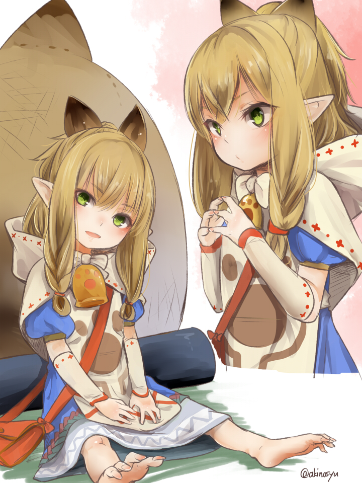 1girl :d akino_shuu animal_ears bag barefoot bell blonde_hair blue_dress blush capelet closed_mouth commentary_request detached_sleeves digitigrade dress fewer_digits green_eyes hair_between_eyes head_tilt hood hood_up hooded_capelet long_hair long_sleeves meowstress monster_hunter_(series) monster_hunter_x multiple_views nail_polish open_mouth pink_nails pointy_ears puffy_short_sleeves puffy_sleeves short_sleeves shoulder_bag sitting smile soles twitter_username white_capelet white_sleeves
