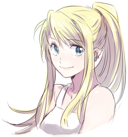 1girl bare_shoulders blonde_hair blue_eyes close-up earrings female_focus floating_hair fullmetal_alchemist jewelry long_hair looking_away lowres ponytail riru shirt simple_background sleeveless sleeveless_shirt smile solo upper_body white_background white_shirt winry_rockbell