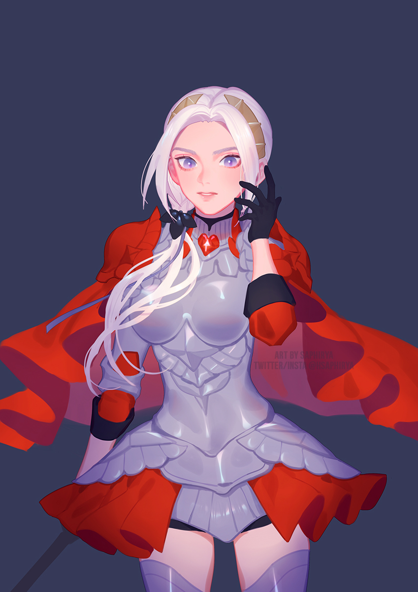 1girl axe cape closed_mouth edelgard_von_hresvelg fire_emblem fire_emblem:_three_houses fire_emblem_warriors:_three_hopes gloves hair_ornament hair_ribbon highres long_hair looking_at_viewer nintendo official_alternate_costume official_alternate_hairstyle purple_eyes red_cape ribbon saphirya simple_background solo white_hair