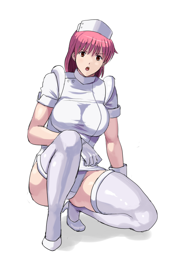 1girl 78_(tky8) breasts eyebrows_hidden_by_hair gloves hair_between_eyes hat high_heels large_breasts looking_at_viewer nurse nurse_cap open_mouth pink_eyes pink_hair seifuku_densetsu_pretty_fighter shiradori_chris short_hair simple_background solo squatting thighhighs underwear white_background white_gloves white_thighhighs