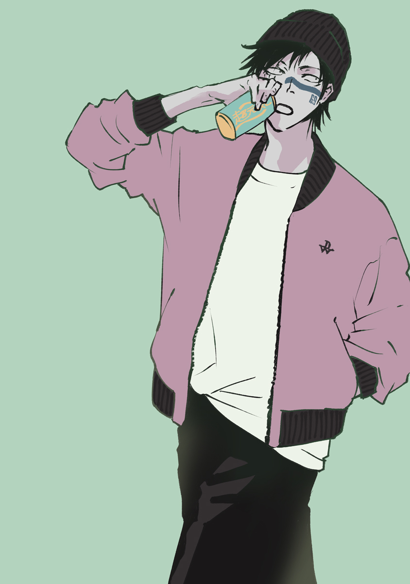 1boy alternate_costume beanie black_hair black_pants bleach drink facial_tattoo hand_in_jacket hat highres hisagi_shuuhei holding holding_drink jacket kubo_tite male_focus open_clothes open_jacket pants shirt short_hair solo tattoo