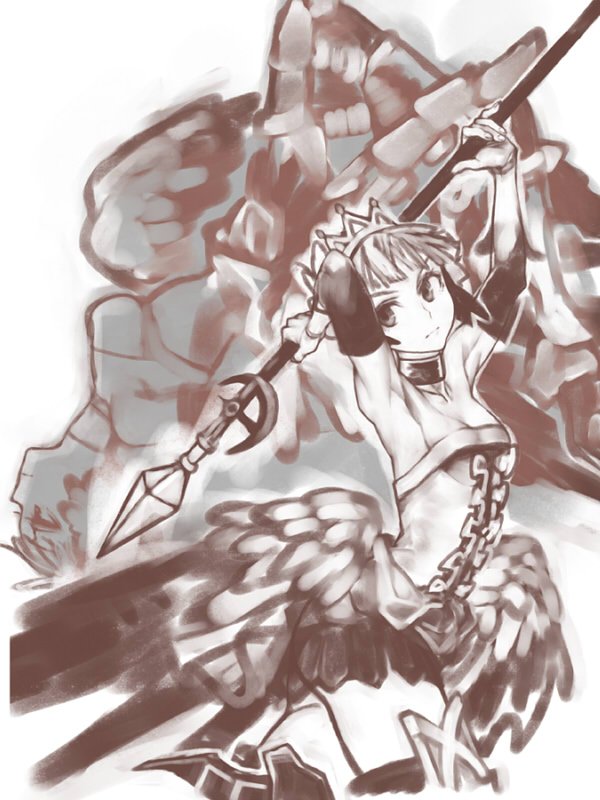 2girls armor armored_dress breasts crown dress greyscale griselda_(odin_sphere) gwendolyn_(odin_sphere) holding holding_polearm holding_weapon kahadu_(kawazu) low_wings monochrome multiple_girls odin_sphere polearm rotational_symmetry siblings sisters sketch small_breasts strapless strapless_dress valkyrie weapon wings