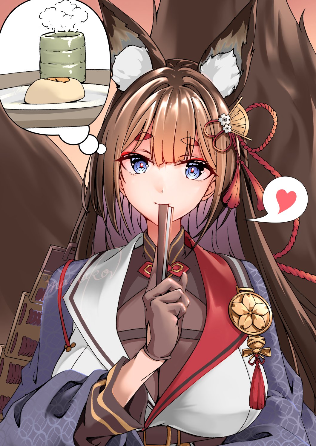 1girl amagi_(azur_lane) amagi_(cv)_(azur_lane) animal_ear_fluff animal_ears azur_lane blue_eyes brown_hair closed_mouth eyeliner fox_ears fox_girl fox_tail hair_ornament hand_fan heart highres hikimayu looking_at_viewer madakov_kodima makeup red_eyeliner sakura_empire_(emblem) solo speech_bubble spoken_heart tail thought_bubble upper_body