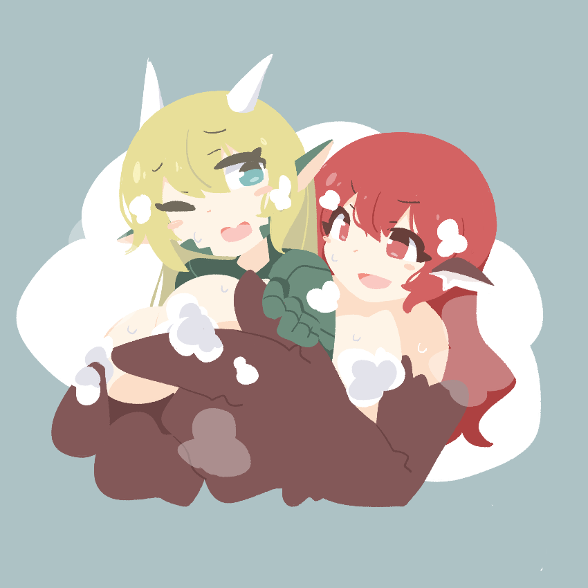 2girls animal_ears big_o_pants bird_ears black_feathers black_wings blonde_hair blush_stickers breasts commentary_request convenient_censoring dragon_girl emilia_(big_o_pants) feathers fio-chan_(big_o_pants) green_eyes harpy horns large_breasts long_hair monster_girl multiple_girls one_eye_closed open_mouth original red_eyes red_hair soap_bubbles soap_censor winged_arms wings yuri