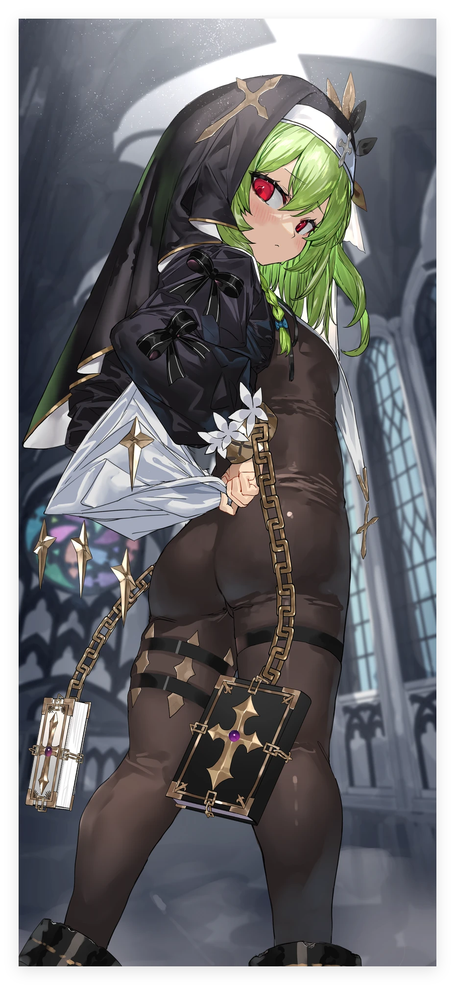 1girl artist_request ass black_bodystocking black_bow blurry blurry_background blush bodystocking book bow braid breasts chain church clenched_hands closed_mouth commission cross cuffs flower foot_out_of_frame from_behind green_hair hair_between_eyes highres huanxiang_koudai_meow indoors long_hair long_sleeves looking_back nun original petite puffy_long_sleeves puffy_sleeves pulling_own_clothes red_eyes second-party_source shackles solo star_ornament thigh_strap veil white_flower
