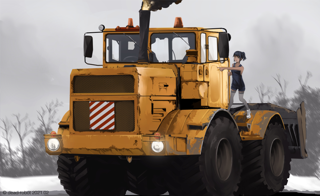 1girl artist_name black_hair bulldozer construction dated dead-robot full_body grey_sky grey_thighhighs kirovets_k701 machinery mixed-language_commentary motor_vehicle naked_overalls original outdoors overalls ponytail sky smoke snow solo thighhighs tree vehicle_focus watermark wide_shot