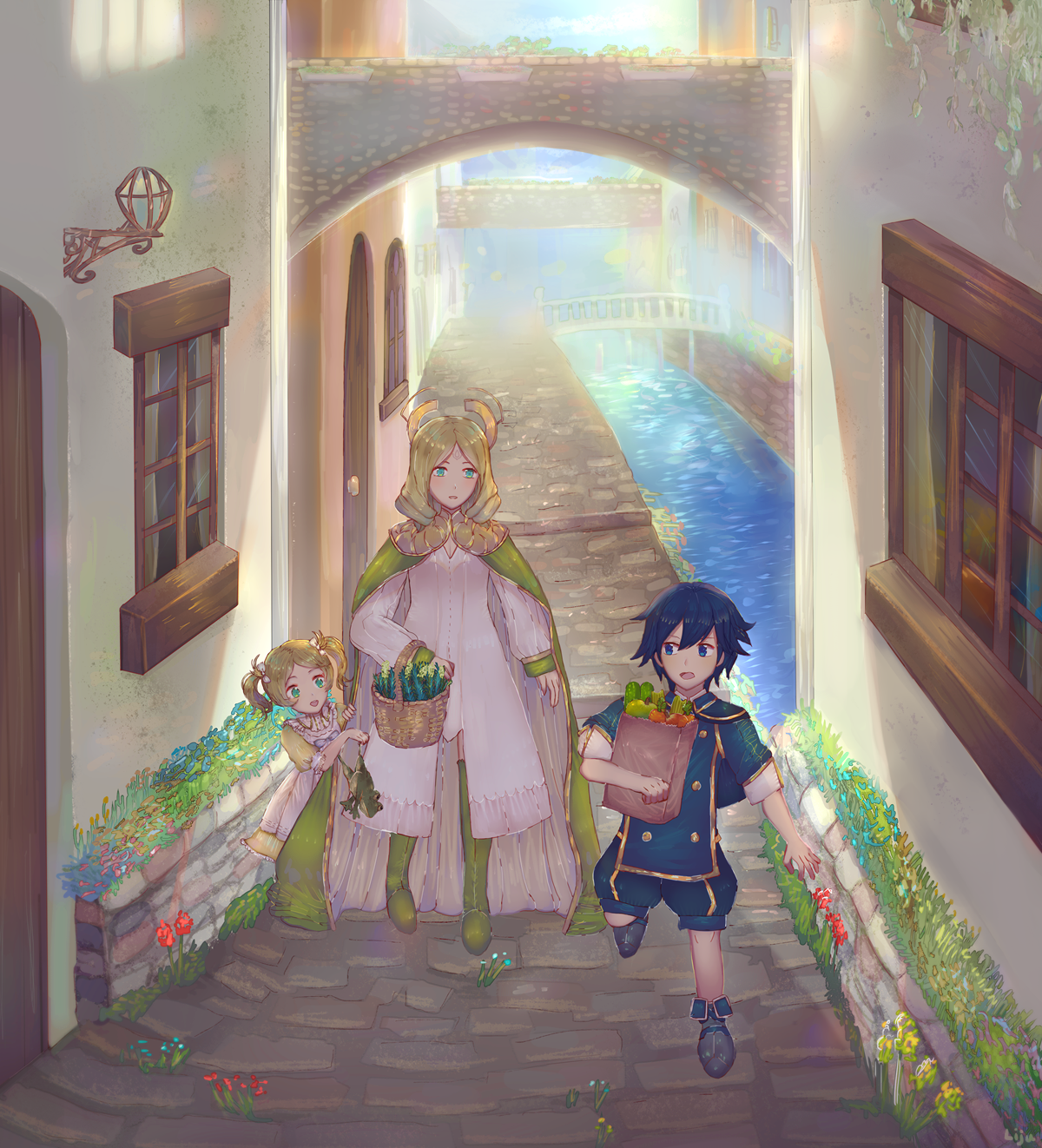 1boy 2girls bag brother_and_sister chrom_(fire_emblem) dress emmeryn_(fire_emblem) fire_emblem fire_emblem_awakening groceries grocery_bag highres holding lijupy lissa_(fire_emblem) multiple_girls nintendo running shopping_bag siblings sisters smile aged_down