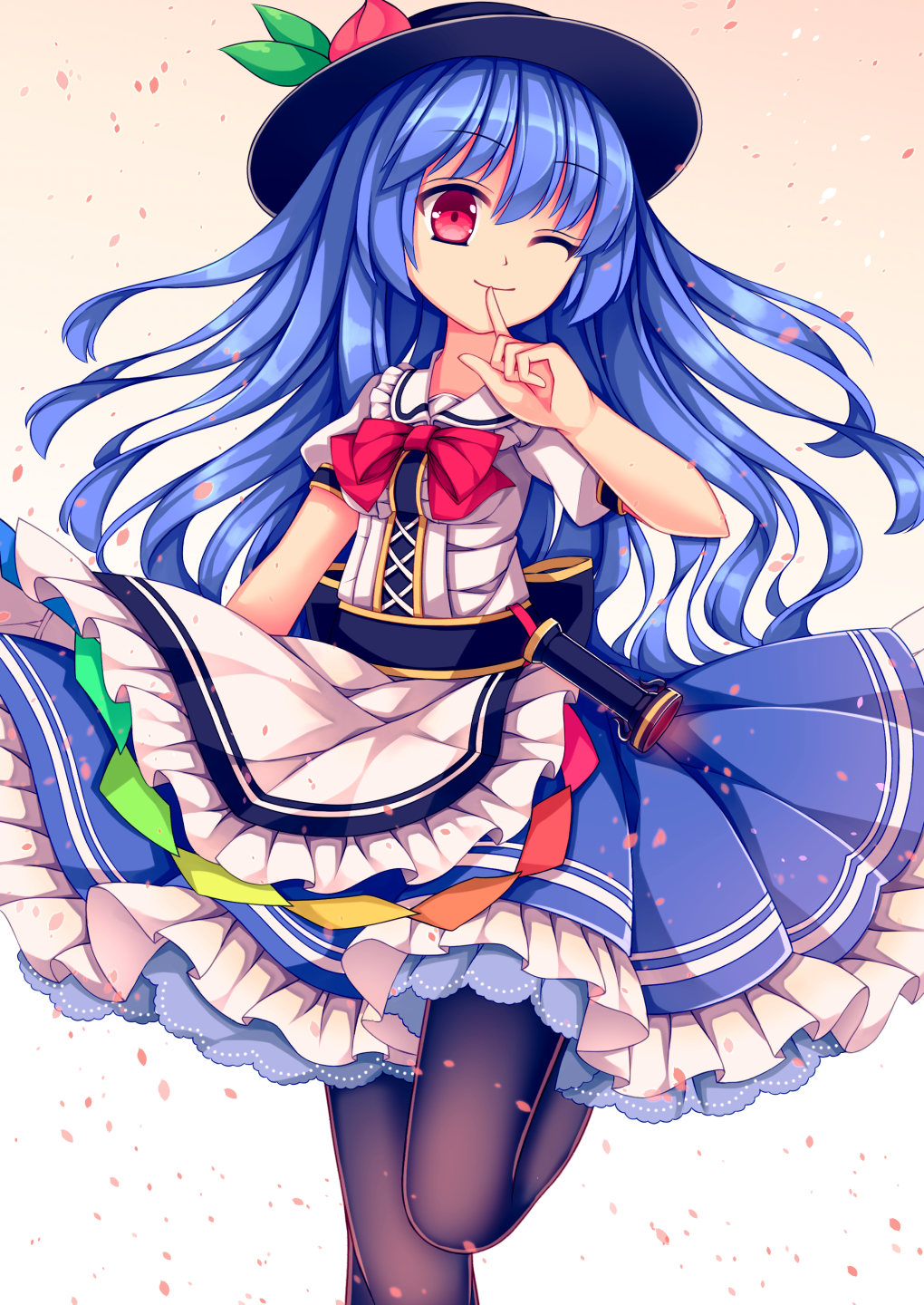 1girl adapted_costume apron black_headwear black_pantyhose blue_hair blue_skirt bow bowtie breasts closed_mouth collared_shirt feet_out_of_frame finger_to_mouth frilled_apron frilled_shirt_collar frilled_skirt frills gradient_background hat_ornament head_tilt highres hinanawi_tenshi leaf_hat_ornament leg_up light_smile long_hair mechrailgun one_eye_closed pantyhose peach_hat_ornament puffy_short_sleeves puffy_sleeves red_bow red_bowtie red_eyes shirt short_sleeves simple_background skirt sky small_breasts solo touhou waist_apron white_apron white_background white_sky yellow_background