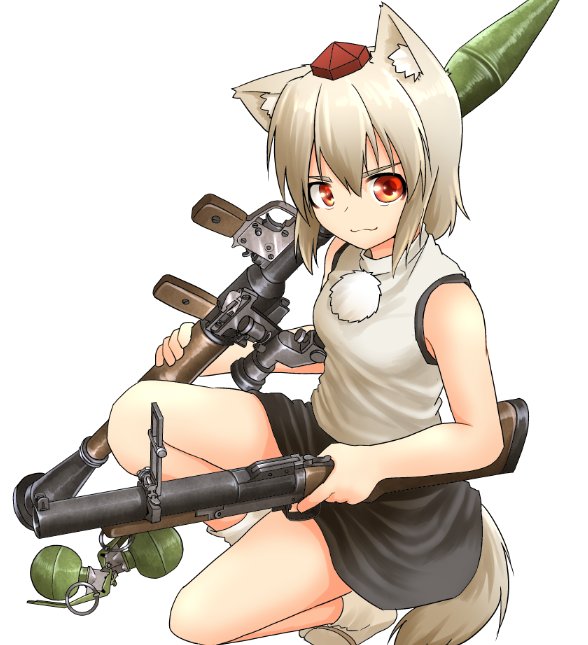 1girl :3 animal_ears bare_arms bare_shoulders black_skirt break-action_grenade_launcher closed_mouth explosive female_focus fragmentation_grenade grenade grenade_launcher grey_socks gun hand_grenade hat high-explosive_anti-tank_(warhead) holding holding_gun holding_weapon inubashiri_momiji kneeling kunsei_hamu m26_grenade m79 man-portable_anti-tank_systems miniskirt pom_pom_(clothes) red_eyes red_hat rocket-propelled_grenade rocket_(projectile) rocket_launcher rpg rpg-7 rpg_(weapon) shirt short_hair silver_hair simple_background skirt sleeveless sleeveless_shirt smug socks solo tabi tail tokin_hat touhou weapon white_background wolf_ears wolf_tail