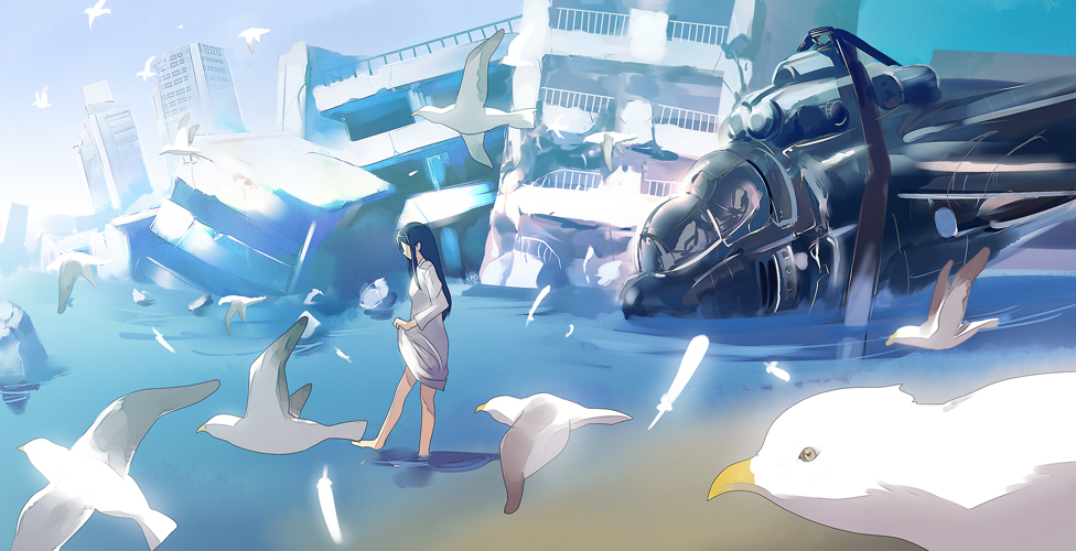 1girl aircraft attack_helicopter bad_id bad_pixiv_id barefoot bird clothes_lift cover cover_page dress dress_lift feathers female_focus flood helicopter mi-24 military_vehicle original ruins seagull skirt skirt_hold skirt_lift solo wading watarai watarai_keiji water