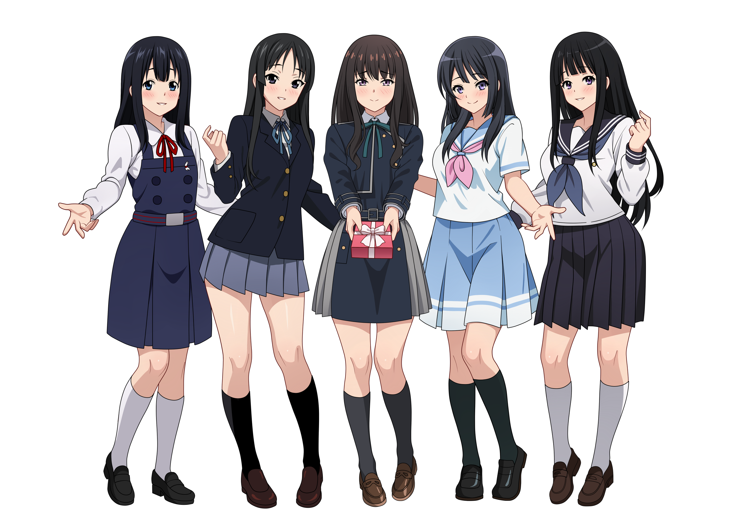 5girls akiyama_mio black_hair blue_eyes box brown_hair chitanda_eru color_connection commission crossover full_body gift gift_box grey_eyes hair_color_connection hibike!_euphonium higher_resolution_available highres hyouka incoming_gift inoue_takina k-on! kitashirakawa_tamako kousaka_reina long_hair looking_at_viewer lycoris_recoil lycoris_uniform miniskirt multiple_girls neck_ribbon neckerchief paid_reward_available pleated_skirt purple_eyes ribbon sailor_collar school_uniform serafuku simple_background skirt smile standing straight_hair tamako_market thighs transparent_background valentine vodka13