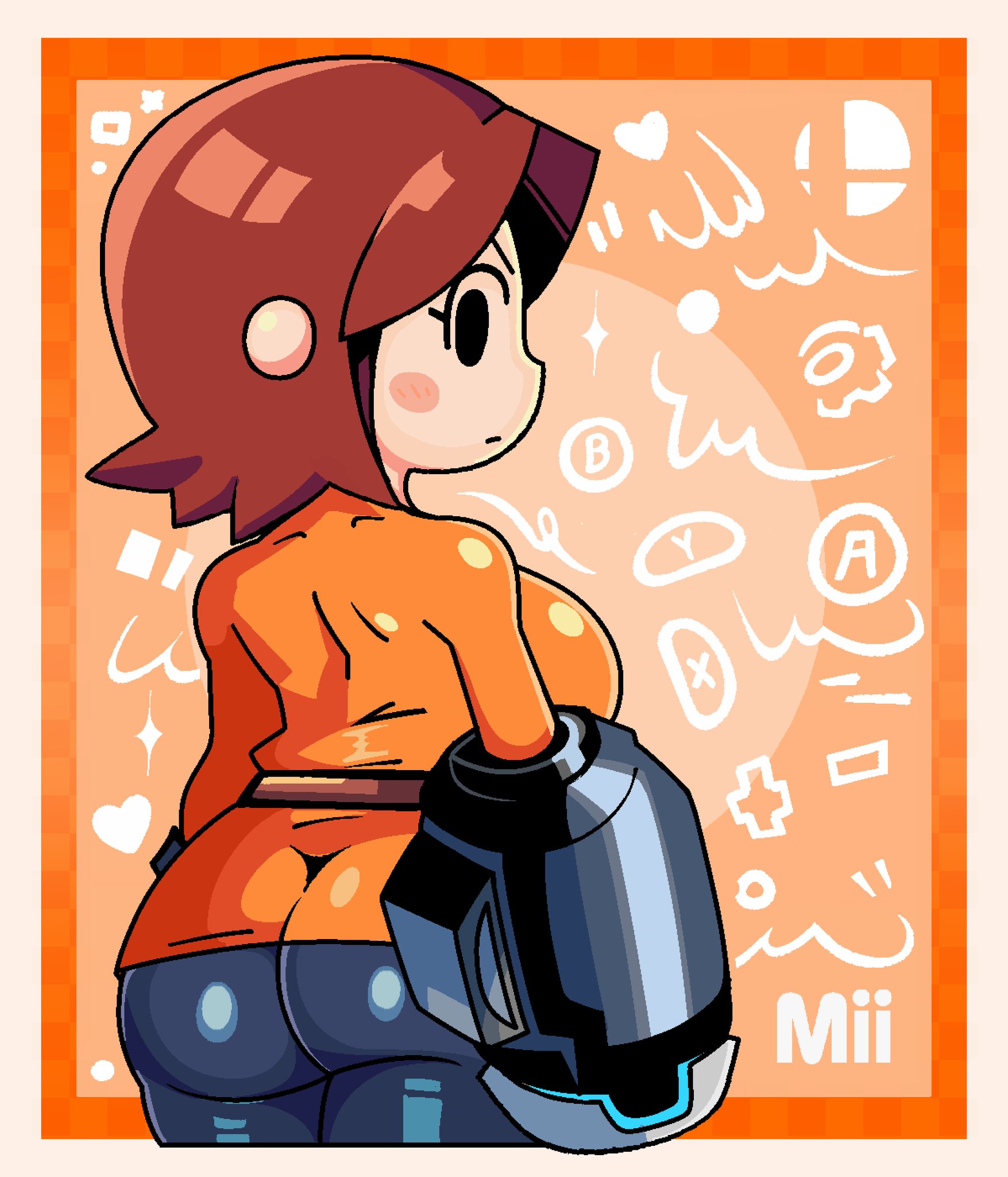 1girl arm_cannon ass black_eyes black_pants breasts brown_hair dress gallycidpizza highres huge_ass large_breasts looking_at_viewer mii_gunner mii_gunner_(smash_4) nintendo orange_background orange_dress pants short_hair smash_ball super_smash_bros. weapon