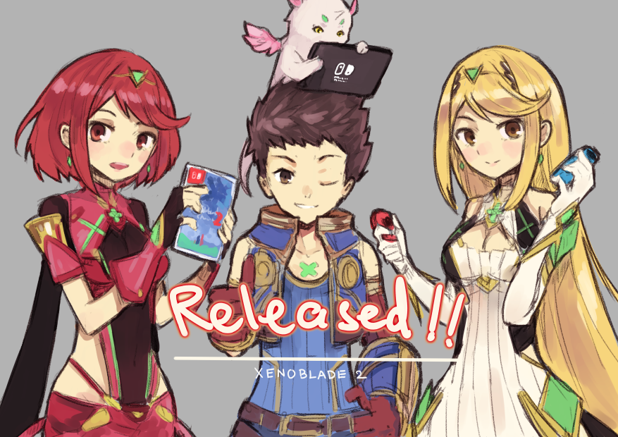 1boy 2girls animal black_hair blonde_hair bodysuit breasts brown_hair console copyright_name dual_persona fingerless_gloves gloves green_eyes hair_ornament long_hair multiple_girls mythra_(xenoblade) nintendo nintendo_switch pyra_(xenoblade) red_eyes red_hair rex_(xenoblade) shadow2810 short_hair simple_background smile xenoblade_chronicles_(series) xenoblade_chronicles_2