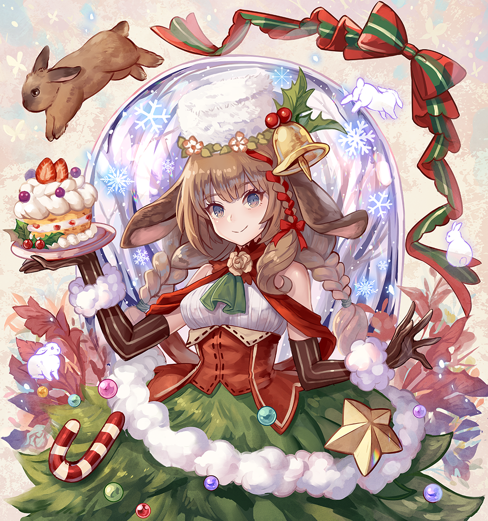 1girl animal_ears bare_shoulders bell blue_eyes braid brown_hair cake candy candy_cane christmas closed_mouth elbow_gloves food fujimaru_(green_sparrow) gloves long_hair looking_at_viewer original rabbit ribbon smile star_(symbol) twin_braids