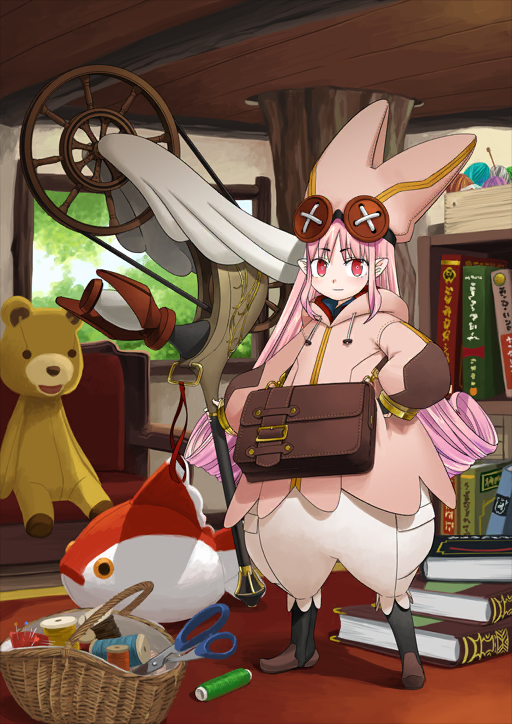 1girl animal_hat basket black_boots book bookshelf boots brown_bag buttons cat_hat closed_mouth coat drawstring fate/grand_order fate_(series) full_body game_cg habetrot_(fate) hand_on_own_hip hat hirai_yukio holding holding_staff hood hood_down hooded_coat legs_apart long_hair long_sleeves looking_at_viewer mini_person minigirl official_art pants parted_bangs pink_coat pink_hair pink_hat pointy_ears puffy_pants red_eyes sidelocks smile solo spinning_wheel staff standing stuffed_animal stuffed_toy teddy_bear third-party_source white_pants