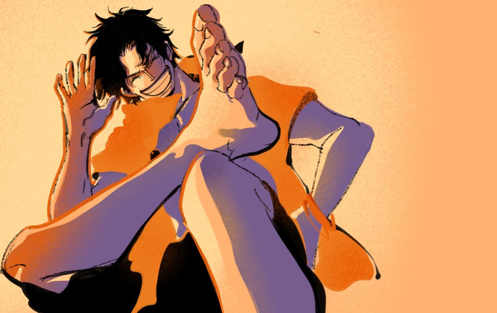 1boy ^_^ black_hair black_shorts closed_eyes commentary fengcheche freckles male_focus one_piece open_clothes open_shirt orange_shirt portgas_d._ace shirt short_hair short_sleeves shorts sitting solo symbol-only_commentary waving