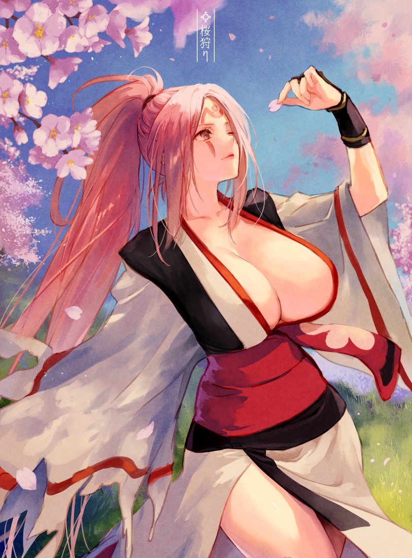 1girl amputee arm_guards baiken blue_sky breasts cherry_blossoms cleavage commentary_request falling_petals grass guilty_gear high_ponytail holding holding_petal jako_(toyprn) japanese_clothes kataginu kimono large_breasts long_hair looking_up multicolored_kimono one-eyed open_clothes open_kimono outdoors petals pink_eyes pink_hair ponytail sash scar scar_across_eye scar_on_face sidelocks sky solo thighs translation_request very_long_hair wide_sleeves