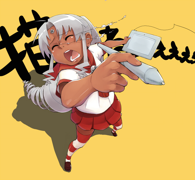 1girl ahoge blouse closed_eyes dark-skinned_female dark_skin drawing_tablet drill_hair female_focus foreshortening from_above full_body long_hair miniskirt open_mouth os-tan patterned_legwear ponytail red_&amp;_white red_skirt school_uniform shirt silver_hair skirt solo striped_clothes striped_thighhighs stylus tears thighhighs translation_request two-tone_stripes vista-tan vistake wacom white_shirt xyz yellow_background