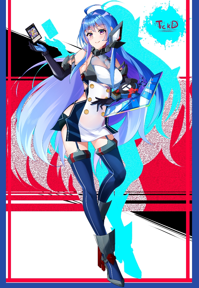 1girl azur_lane bare_shoulders blue_gloves blue_hair blue_legwear breasts buttons double-breasted dress elbow_gloves full_body garter_straps gloves gradient_hair helena_(azur_lane) helena_(retrofit)_(azur_lane) long_hair looking_at_viewer medium_breasts multicolored_hair purple_eyes retrofit_(azur_lane) rudder_footwear sleeveless sleeveless_dress solo tckd very_long_hair yu-gi-oh!