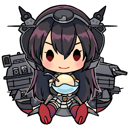 1girl black_coat black_gloves black_hair chibi closed_mouth coat elbow_gloves food gloves hair_between_eyes headgear kantai_collection kasumi_(skchkko) long_coat long_hair looking_at_viewer machinery nagato_(kancolle) nagato_kai_ni_(kancolle) pleated_skirt red_eyes rigging rudder_footwear ship_turret simple_background skirt smile solo white_background white_skirt