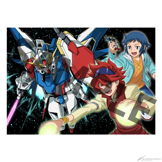 2boys artist_request energy_sword blue_eyes blue_hair eyewear_on_head gundam gundam_build_fighters gunpla holding holding_shield holding_sword holding_toy holding_weapon iori_sei mecha mechanical_wings mobile_suit model_kit multiple_boys official_art open_mouth red_hair reiji_(gundam_bf) robot sample_watermark science_fiction shield smile star_build_strike_gundam sunglasses sword toy v-fin watermark weapon wings
