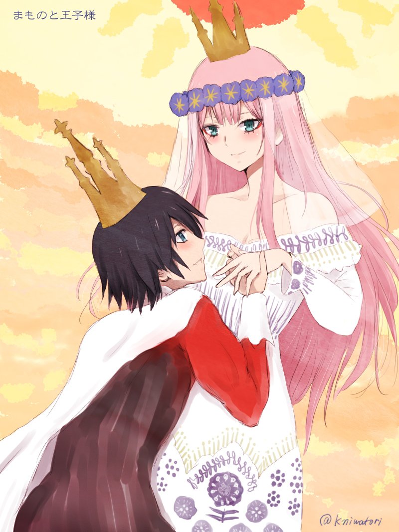 10s 1boy 1girl bare_shoulders black_hair blue_eyes blush breasts cape capelet collarbone commentary_request couple crown darling_in_the_franxx dress flower green_eyes hair_flower hair_ornament hetero hiro_(darling_in_the_franxx) holding_hands long_hair looking_at_another medium_breasts niwatori_kokezou pink_hair short_hair signature translation_request veil white_capelet white_dress zero_two_(darling_in_the_franxx)