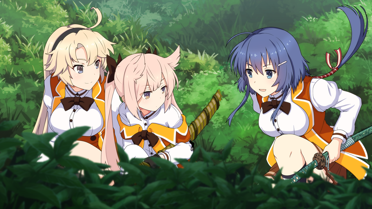3girls ahoge black_bow black_bowtie black_hairband blonde_hair blue_eyes blue_hair bow bowtie breasts closed_mouth collared_shirt day forest game_cg grass hair_between_eyes hair_ears hair_ornament hairband hairclip holding holding_sword holding_weapon jacket kneeling kohagura_ellen large_breasts long_hair long_sleeves looking_at_another mashiko_kaoru multiple_girls nature non-web_source ootachi open_mouth orange_jacket osafune_girls_academy_school_uniform outdoors pink_hair purple_eyes school_uniform setouchi_chie sheath sheathed shirt sidelocks smile sword toji_no_miko toji_no_miko:_kizamishi_issen_no_tomoshibi tree twintails weapon white_shirt winter_uniform