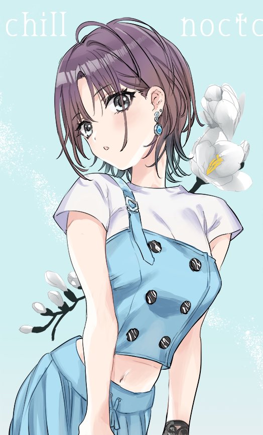 1girl :o asakura_toru blue_background blue_panties blush bracelet breasts crop_top earrings female_focus flower freesia_(flower) idolmaster idolmaster_shiny_colors jewelry medium_breasts midriff_peek multicolored_hair navel open_mouth panties pants parted_bangs shirt short_hair short_sleeves simple_background single_strap solo sweatpants two-tone_hair underwear upper_body white_flower white_shirt zooya