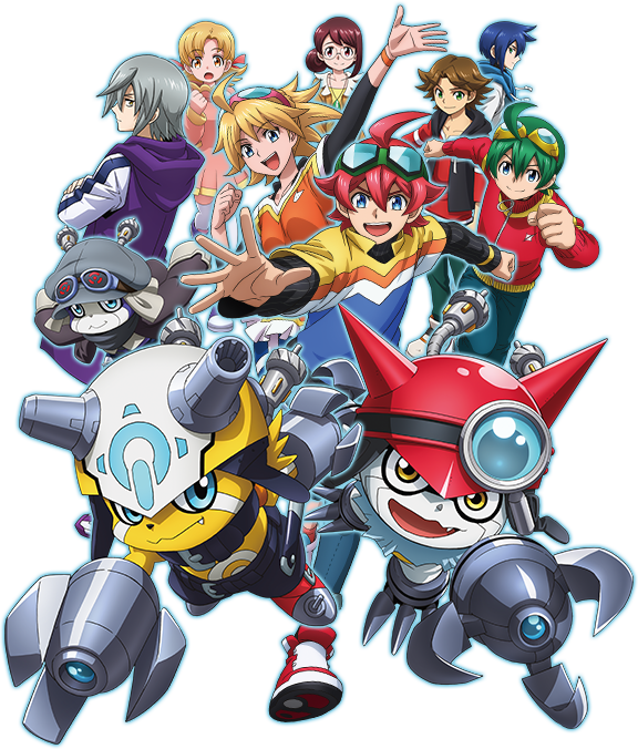 blonde_hair blue_eyes digimon digimon_universe:_appli_monsters fang gatchmon goggles goggles_on_head grey_hair hat helmet horns itsuki_(digimon) kazuki_(digimon) makoto_(appmon) mio_(digimon) naoto_(digimon) official_art offmon onmon ouji_(digimon) red_hair shinkai_haru smile yellow_eyes yukari_(digimon)