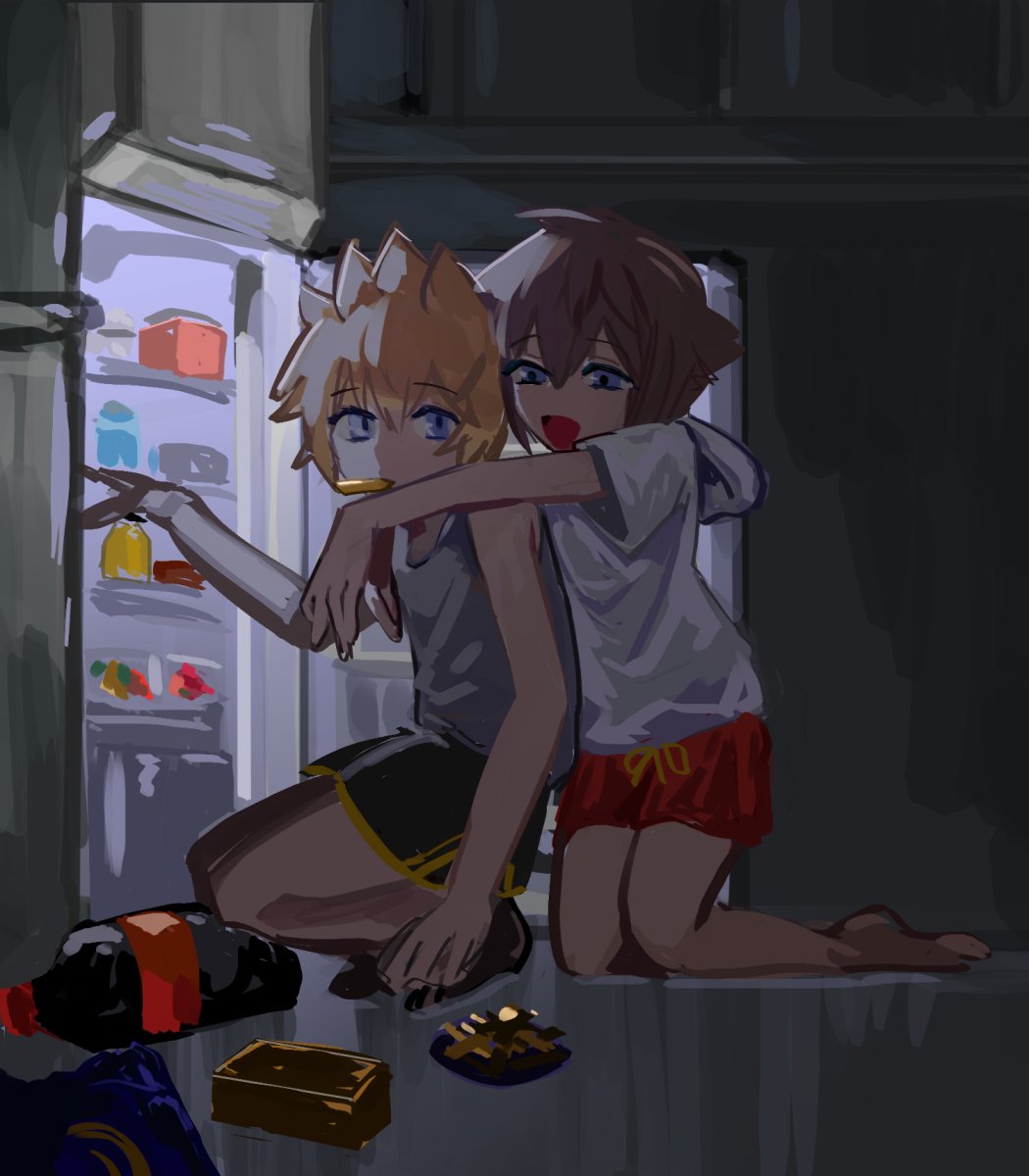 2boys alternate_costume barefoot black_shorts black_socks blonde_hair blue_eyes bottle box brown_hair child commentary_request dark expressionless food food_in_mouth full_body grey_tank_top hand_up happy highres hood hood_down hooded_shirt hug hug_from_behind indoors keiseki1 kingdom_hearts kitchen kneeling looking_at_another male_focus multiple_boys night open_mouth plate red_shorts refrigerator refrigerator_interior roxas shirt short_hair short_shorts shorts sidelighting smile socks soda_bottle sora_(kingdom_hearts) spiked_hair squatting tank_top white_shirt