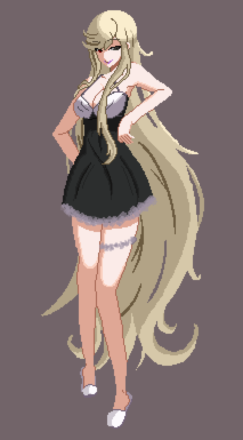 1girl absurdly_long_hair aeonimitate alternate_costume bare_shoulders black_dress black_eyes blonde_hair breasts commentary dress english_commentary flip-flops full_body hair_down heterochromia highres hilda_(under_night_in-birth) large_breasts long_hair multicolored_dress pixel_art red_eyes sandals simple_background smile solo two-tone_dress under_night_in-birth very_long_hair white_dress white_sandals