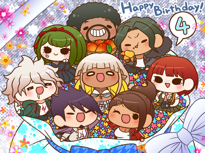4boys 4girls :&gt; afro annoyed asahina_aoi bandai_daisaku basket bead_bracelet bead_necklace beads beard belt bikini bikini_ribbon black_dress black_eyes black_footwear black_hair black_pants blue_bow blue_flower blue_skirt blunt_bangs blush_stickers bow bowtie bracelet breasts brother_and_sister brown_hair brown_jacket buttons camera camera_around_neck chibi cleavage coat coat_partially_removed collared_coat collared_dress collared_jacket collared_shirt commentary_request crescent crossed_legs crumbs danganronpa:_trigger_happy_havoc danganronpa_(series) danganronpa_2:_goodbye_despair danganronpa_3_(anime) danganronpa_another_episode:_ultra_despair_girls danganronpa_v3:_killing_harmony dark-skinned_female dark-skinned_male dark_skin dress drooling eating english_text eyelashes facial_hair floral_background flower food freckles frilled_bikini frilled_dress frilled_skirt frills fruit fur-trimmed_hood fur_trim gift goatee green_hair green_jacket green_skirt green_vest grey_background grey_coat grey_jacket grin hair_ornament hair_ribbon hairband hairclip hand_on_own_hip hand_on_own_knee happy happy_birthday holding holding_basket holding_camera holding_food holding_fruit hood hood_down hooded_jacket in_container in_sack jacket jersey jewelry koizumi_mahiru komaeda_nagito lapel_pin lapels large_breasts light_blush long_dress long_hair long_sleeves looking_at_another looking_at_viewer low_twintails mango messy_hair miniskirt momota_kaito multiple_boys multiple_girls mustache navel_piercing necklace necktie notched_lapels one_eye_closed open_clothes open_jacket open_mouth outstretched_arm outstretched_arms paintbrush pale_skin pants piercing pink_belt pink_flower plaid_clothes plaid_necktie pleated_skirt pocket ponytail puffy_long_sleeves puffy_sleeves purple_coat purple_flower purple_hair raincoat red_bow red_bowtie red_eyes red_hair red_hairband red_necktie red_ribbon ribbon sack shirt shoes short_sleeves siblings sidelocks sitting skirt skirt_set smile solid_circle_eyes solid_oval_eyes space_print spiked_hair spoken_number starry_sky_print stomach striped_background swimsuit towa_haiji towa_monaca triangle_mouth twintails two-sided_coat two-sided_fabric unmoving_pattern updo v-shaped_eyebrows vest waist_bow white_bikini white_bow white_eyes white_hair white_ribbon white_shirt wide_sleeves yellow_flower yellow_raincoat yonaga_angie yumaru_(marumarumaru) zipper