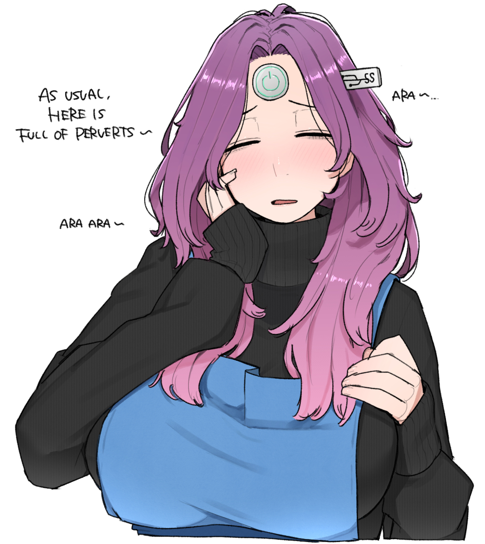 1girl apron ara_ara blush closed_eyes english_text hand_on_own_cheek hand_on_own_face long_hair long_sleeves medium_hair ohasi original pc_(ohasi) purple_hair simple_background sleeves_past_wrists solo sweater turtleneck turtleneck_sweater usb white_background