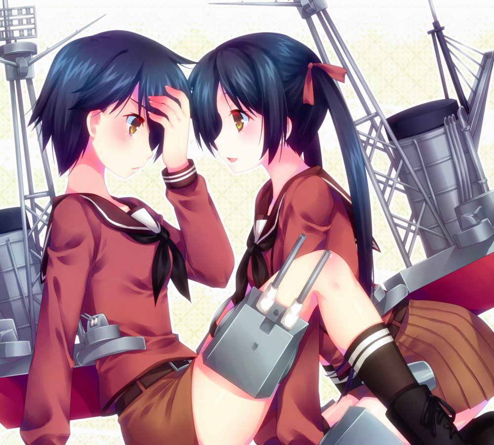 10s 2girls arm_support bad_id bad_pixiv_id black_hair door_to_heaven hair_ribbon kantai_collection machinery mikuma_(kancolle) mogami_(kancolle) multiple_girls open_mouth ribbon ship_turret shorts sitting tears twintails yellow_eyes