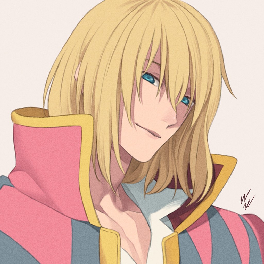 1boy adam&#039;s_apple blonde_hair blue_eyes closed_mouth collarbone collared_shirt commentary_request hair_between_eyes head_tilt high_collar howl_pendragon howl_no_ugoku_shiro male_focus medium_hair multicolored_shirt open_collar patterned_clothing popped_collar shirt signature simple_background solo upper_body white_background white_shirt wozue