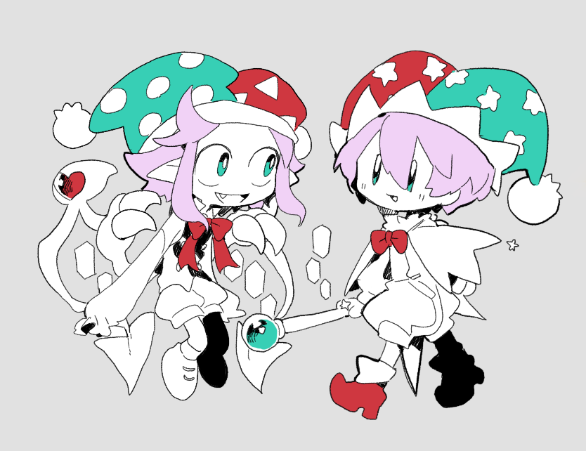2boys aqua_eyes aqua_headwear blush_stickers boots bow bowtie buttons capelet claws crystal_wings fang frilled_hat frilled_sleeves frills grey_background hat heart higa423 high_heel_boots high_heels holding holding_wand humanization jester_cap kirby kirby_(series) long_sleeves looking_at_another male_focus marx_(kirby) mirror_kirby multiple_boys nintendo open_mouth partially_colored pointy_footwear polka_dot_headwear pom_pom_(clothes) puffy_long_sleeves puffy_pants puffy_sleeves purple_hair red_bow red_bowtie red_footwear red_headwear shirt short_hair short_hair_with_long_locks simple_background sleeves_past_fingers sleeves_past_wrists smile socks star_(symbol) star_print traditional_bowtie triangle_print two-tone_headwear vest walking wand wavy_hair