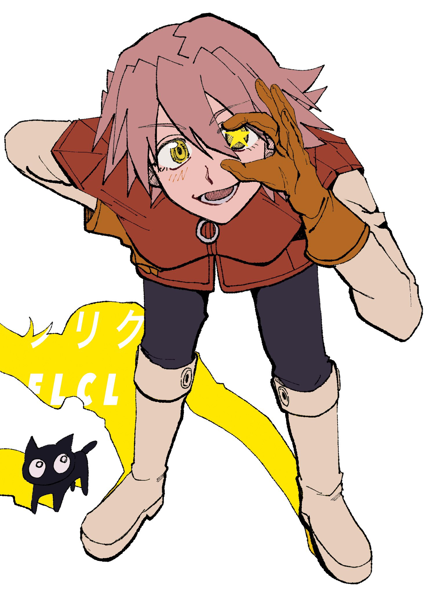 1girl asahi_sou blush boots breasts brown_gloves cat copyright_name flcl full_body gainax gloves haruhara_haruko highres latex latex_pants looking_at_viewer medium_breasts pink_hair red_shirt shadow shirt short_hair smile solo takkun_(flcl) white_background white_boots white_sleeves yellow_eyes