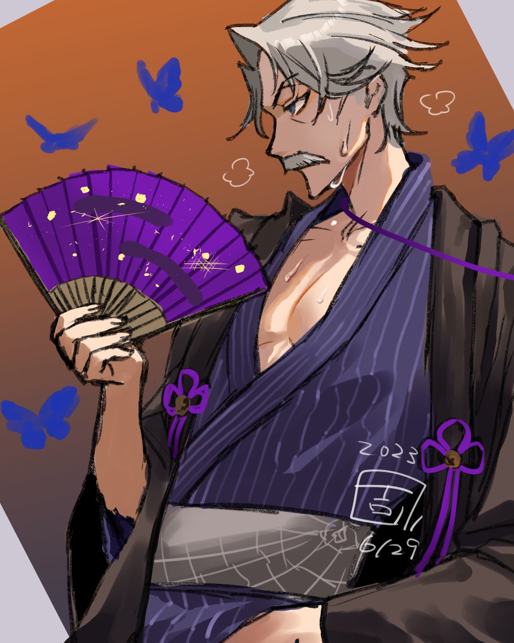 1boy bug butterfly dated facial_hair fate/grand_order fate_(series) flower_knot grey_hair hand_fan highres holding holding_fan insect james_moriarty_(archer)_(fate) james_moriarty_(fgo_fes._2023)_(fate) japanese_clothes kimono male_focus mlyoshikawa mustache official_alternate_costume old old_man profile purple_kimono short_hair solo sweatdrop upper_body