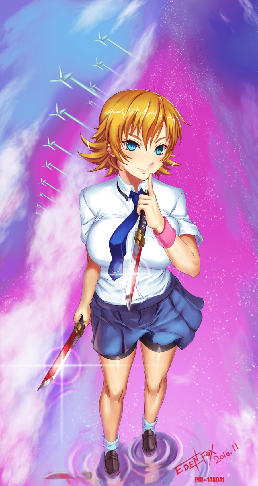 &gt;:) 00s 1girl 2016 artist_name bike_shorts black_shorts blonde_hair blue_eyes blue_necktie blush breasts brown_shoes closed_mouth collared_shirt dagger dated dual_wielding edenfox female_focus finger_to_mouth flipped_hair full_body glint hair_between_eyes head_tilt highres holding holding_weapon igawa_sakura knife large_breasts lilith-soft loafers looking_at_viewer necktie school_uniform shiny_skin shirt shoes short_hair short_sleeves shorts skirt smile socks solo standing taimanin_(series) taimanin_asagi taimanin_asagi_zero v-shaped_eyebrows weapon white_shirt white_socks windmill wing_collar wristband