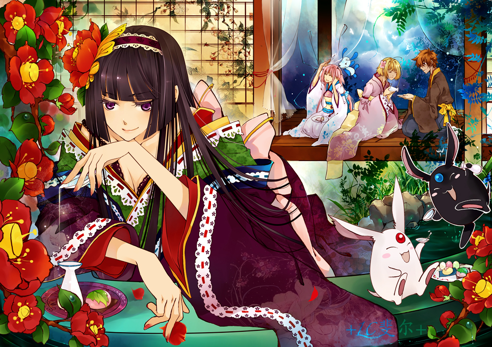 00s 1boy 3girls alcohol bad_id bad_pixiv_id black_hair blonde_hair blunt_bangs brown_hair camellia crossover flower hairband hanato_kobato hime_cut ichihara_yuuko ioryogi japanese_clothes kobato. long_hair mokona moro_(xxxholic) multiple_girls purple_eyes saiyki sake sakura_hime short_hair tsubasa_chronicle xiaolang xxxholic