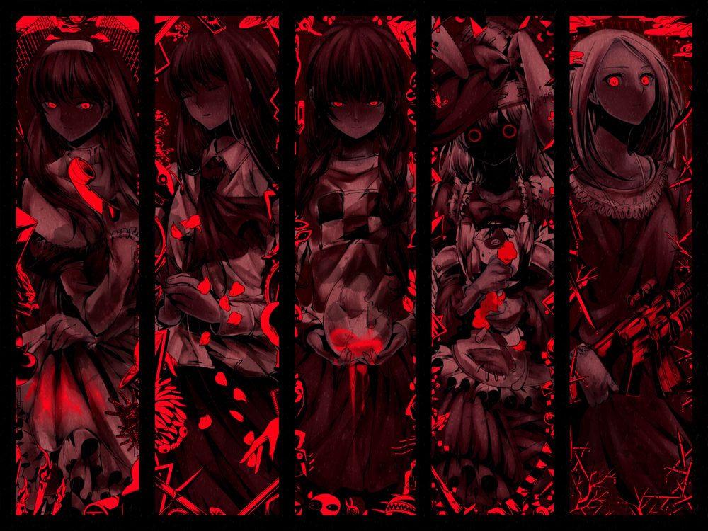5girls assault_rifle b.d_(palette) blood book braid bullet crossover dahlia_(lasciatemi_morire) dahlia_~lasciatemi_morire~ dog_tags dress flower frilled_dress frills gun hat ib_(ib) ib_(kouri) irisu_kyouko irisu_shoukougun! m16 m16a4 madotsuki multiple_crossover multiple_girls olmatown palette_~forget-me-not~ petals phone red_eyes rifle rose_petals weapon witch_hat yume_nikki