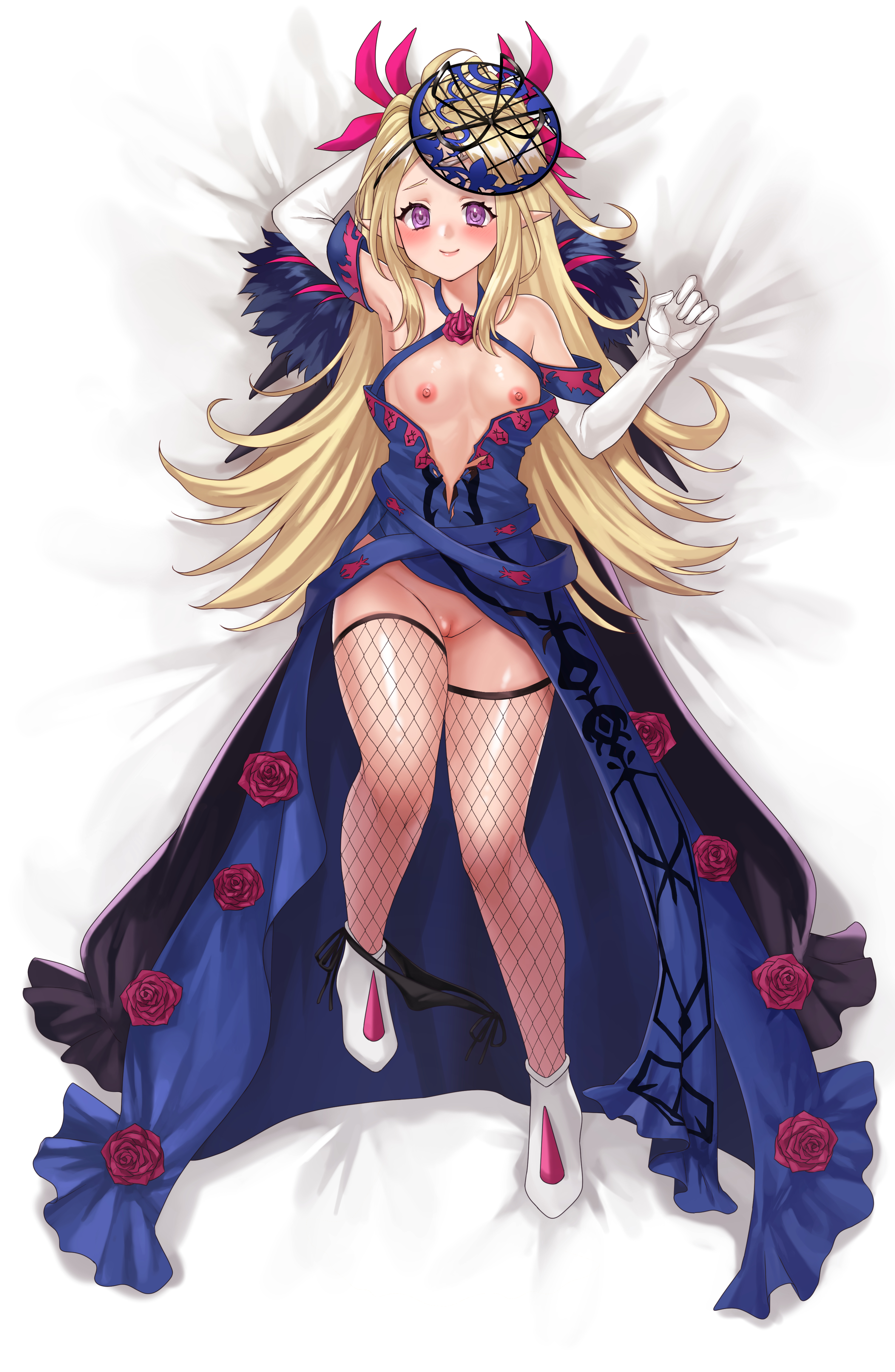 1girl absurdres alternate_costume blonde_hair blush breasts clothing_aside cosplay dress elbow_gloves fascinator fire_emblem fire_emblem_awakening fire_emblem_engage fishnets gloves hazuki_(nyorosuke) highres ivy_(fire_emblem) ivy_(fire_emblem)_(cosplay) long_hair nintendo nowi_(fire_emblem) on_bed panties panties_aside pussy side-tie_panties small_breasts underwear