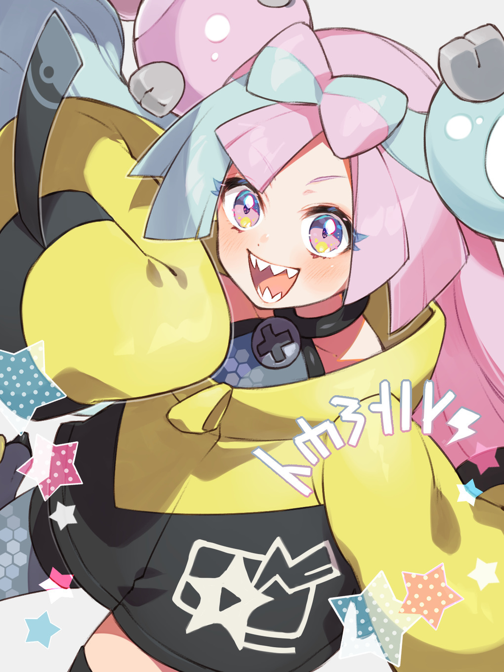 1girl :d blush character_hair_ornament commentary_request eyelashes green_hair grey_shirt hair_ornament happy highres iono_(pokemon) jacket long_hair multicolored_hair nintendo open_mouth pink_hair pokemon pokemon_sv purple_eyes sasairebun sharp_teeth shirt sleeveless sleeveless_shirt smile solo star_(symbol) teeth tongue two-tone_hair yellow_jacket