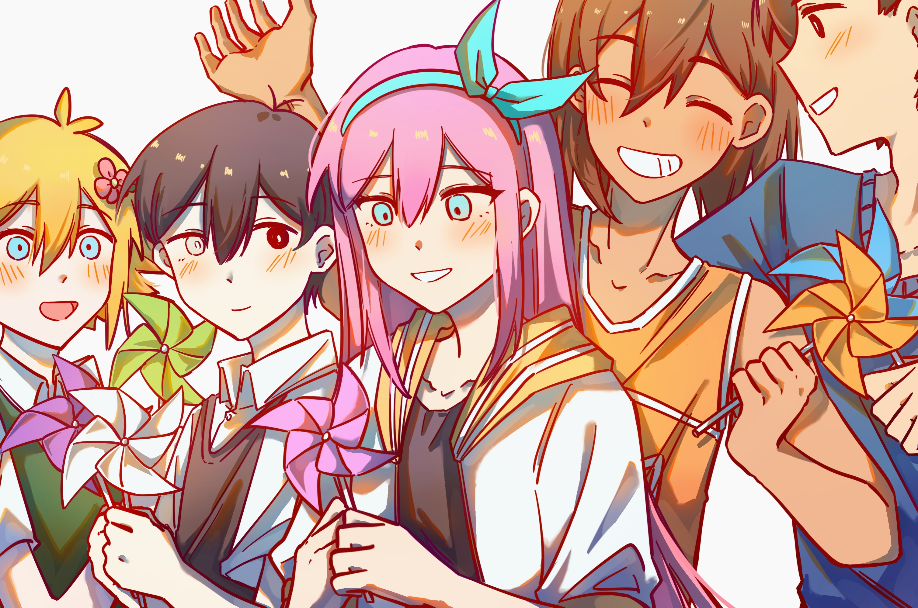 1girl 4boys :d ^_^ antenna_hair aubrey_(faraway)_(omori) aubrey_(omori) bailan1130 bare_arms bare_shoulders basil_(faraway)_(omori) basil_(omori) black_eyes black_hair black_shirt black_sweater_vest blue_eyes blue_hairband blue_sweater blush bow_hairband brother_and_sister brothers brown_hair closed_eyes closed_mouth collarbone colored_skin dark-skinned_male dark_skin double-parted_bangs green_sweater_vest grin hair_behind_ear hair_between_eyes hairband hands_up hero_(faraway)_(omori) hero_(omori) heterochromia highres holding holding_pinwheel jacket kel_(faraway)_(omori) kel_(omori) long_hair looking_at_object multiple_boys omori open_clothes open_jacket open_mouth orange_tank_top pink_hair pinwheel sailor_collar shirt short_sleeves siblings sidelocks sideways_mouth simple_background smile straight_hair sunny_(omori) sweater sweater_vest tank_top tongue upper_body white_background white_eyes white_jacket white_shirt yellow_sailor_collar