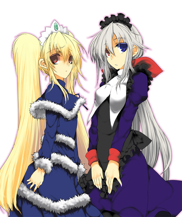 2girls aoguu aqua_gemstone bad_id bad_pixiv_id blonde_hair blue_eyes fancy futaba_channel gem heterochromia itai long_hair low_ponytail maid multiple_girls nijiura_maids ponytail